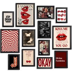 a collage of framed art with red lips and lipstick on it's wall