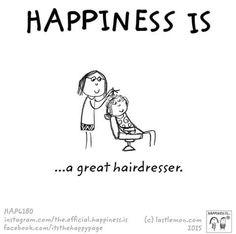 a cartoon drawing of a woman combing a child's hair with the words happiness is