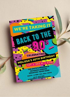 the back to the 90's birthday party card is next to an olive branch