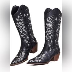 Sarairis Cowboy Boots For Women Cowgirl Boots Western Boots Chunky Heel Pointed Toe Pull On Rhinestones Embroidered Knee High Boots Mid Calf Boots About This Item [ Measurement ] ---- The Black Rhinestone Boots For Women Heel Height Measures Approximately 2.75 Inches (7cm). [ Upper Material ] ---- The Black Wide Boots For Women With Comfortable High Quality Pu. It's Really Soft And Comfortable To Your Foot Skin. [ Sole Material ] ---- The Black Western Boots For Women Slip Resistant Rubber Outsi Black Rhinestone Boots, Women Cowgirl Boots, Western Boots For Women, Metallic Oxfords, Red Platform Heels, Rhinestone Boots, Black Western Boots, Black Cowgirl Boots, Cowboy Boots For Women