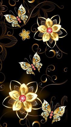 gold flowers and butterflies on a black background