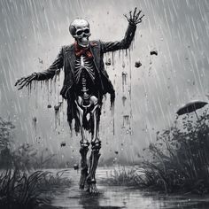 a skeleton in a suit and bow tie walking through the rain with his arms outstretched