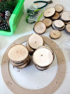 several pieces of wood sitting on top of a table next to scissors and pine cones