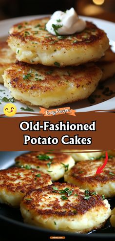 old - fashioned potato cakes on a plate with whipped cream and parsley in the middle