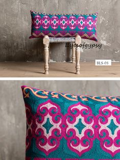 two pillows with different designs on them, one is blue and the other is pink