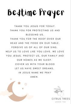 a card with the words bedtime prayer written in black and white, on it