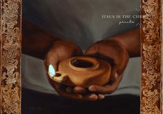 a painting of two hands holding a pot with the words jesus is the christ on it