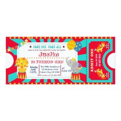 a circus ticket with an elephant, lion and giraffe design on the front