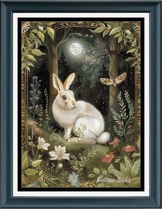 a painting of a white rabbit sitting in the grass under a full moon and butterflies