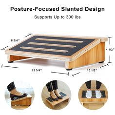 the foot stool is made from wood and has four different types of feet on it