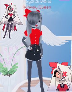 an animated image of a woman with wings on her head standing next to another cartoon character