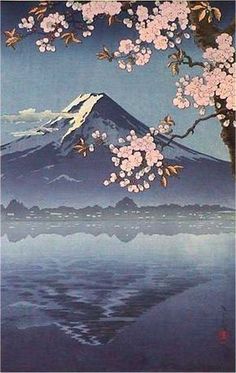 a painting of a mountain with flowers in the foreground and water on the far side