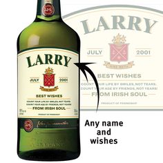 an image of a bottle of wine with the name and label below it that says,'any name and wishes from irish soul '