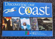 a book on the cover of discovering our coast with pictures of people, animals and birds