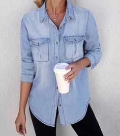 Tops & Shirts // Add color to your look wearing this blue button down long sleeves denim shirt. Blue Shirt With Jeans, Gorgeous Style, Jean Shirt, Long Sleeve Denim Shirt, Your Gorgeous, Pocket Top, Shirt Collar, Denim Shirt, Deep Blue