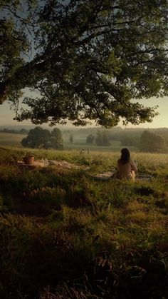 a woman sitting under a tree on top of a lush green field