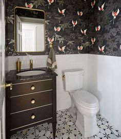 Powder Room Remodel with Bird Wallpaper and Graphic Tile Wallpaper And Tile, Marble Bathroom Floor, Powder Room Remodel, Marble Tile Bathroom, Wallpaper And Tiles, New House Bathroom