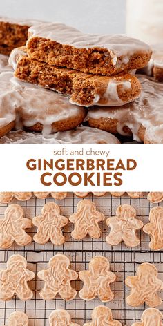 gingerbread cookies on a cooling rack with the words soft and chewy in front