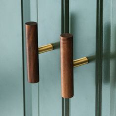 two wooden handles are attached to the green doors