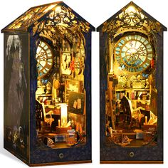 an intricately designed clock is lit up in gold and blue with the image of a woman sitting at her desk