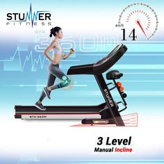 a woman running on a treadmill in front of a speedometer with the text, 3 level manual incline