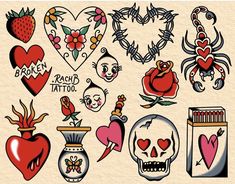 an assortment of tattoos on paper with hearts and flowers in the center, including roses, skulls