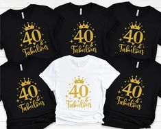 four black and gold birthday shirts with the number forty, forty, forty years on them