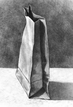 a pencil drawing of a bag sitting on top of a white tablecloth next to a black wall