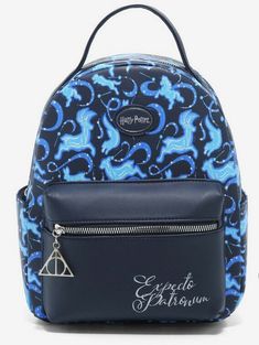 a blue and black backpack with the harry potter symbol on it's front pocket