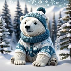 a white polar bear wearing a blue hat and scarf sitting in front of snow covered trees