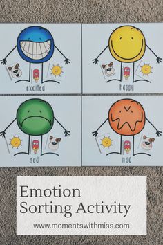 four stickers with the words emotion sorting activity