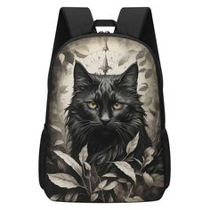 17 Inch Backpack, Black Cat Rucksack, Witchy Book Bag, WItch Familiar School Bag, Halloween Bag, Wiccan Pagan Bag ► ABOUT THIS BAG Main Colors: black, off-white Design: Black cat, leaves, compass Style: Witchy, dark academia, Halloween, spooky, creepy, Wicca Wiccan, Pagan Amazing general use backpack / rucksack.    This bag is made-to-order and allows you to show off your style! FEATURES * The design is printed on the front only.  * The rest of the bag is black. * Material: High-grade Polyester Travel Backpack With Cat Design, Gothic Standard Backpack For Travel, Gothic Style Standard Backpack For Travel, Black Backpack For Halloween Travel, Black Backpack For Halloween, Black School Backpack With Cat Design, Black Cat Design Backpack For School, Black Halloween Backpack, Black Cat Design School Backpack