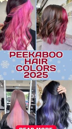 Balayage Peekaboo Hair, Red Purple And Blonde Hair, Red Hair With Color Underneath, Peekaboo Hair Color Pink Brown, Fun Colors For Brunettes, Fall Hair Colors 2024 Trends, Plum Blonde Hair, Hair Color Design Ideas, Brunette With Purple Underneath