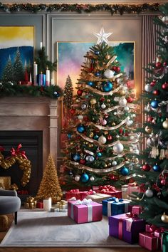 a decorated christmas tree sitting in front of a fire place with presents under the tree