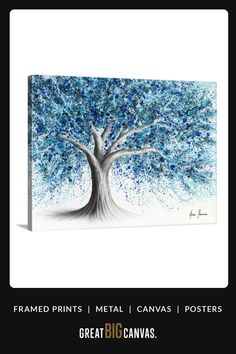 a blue and white tree painted on canvas with the words, framed prints metal canvass posters