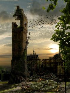 a large clock tower sitting next to a forest filled with birds flying over it's top