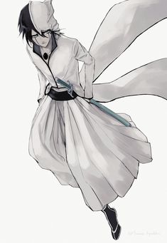 an anime character flying through the air while wearing a white dress and black shoes,