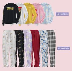 six different colored sweatpants with the same logo on them, all in different colors and sizes