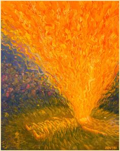 an abstract painting of yellow and orange flames in the sky over green grass with trees on either side