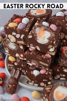 chocolate rocky road on a plate with eggs and candy