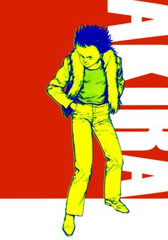 a drawing of a man with blue hair and yellow pants standing in front of a red background