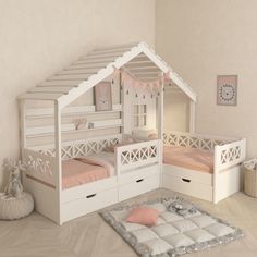 a child's bedroom with bunk beds, drawers and rugs on the floor