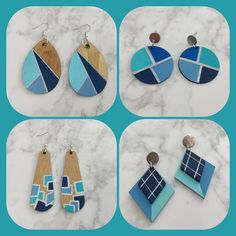 four different pictures of wooden earrings with geometric designs