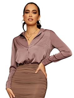 Brin's Amazon Page Date Night Outfit Summer, Silky Shirt, Perfect Blouse, Women Shirt Top, Work Meeting, Pretty Shirts, Satin Long Sleeve, Silky Blouse, Blouse Work