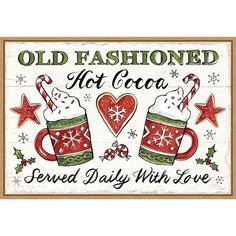 an old fashioned christmas sign with two mugs