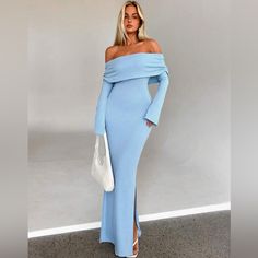 Knit, Off-The-Shoulder Maxi Dress With Fold Over Neckline And Long, Bell Sleeves. Split Thigh The Model Is 5.6” Wearing A Size 4 Baby Blue Winter Dress, Long Dresses For Church, Off The Shoulder Long Sleeve Dress, Bodycon Prom Dress Long, Long Sleeved Maxi Dress Fall, Blue Winter Dresses, Long Winter Dresses, Off Shoulder Sweater Dress, Baby Blue Maxi Dress