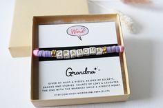 "Grandma word bracelet, purple and pink or customize with your own colors!  These Clay bead bracelets are on trend and are the perfect meaningful gift!   ✌🏼 Please measure your wrist before ordering. You may request a custom size in the personalization box. If no size is specified, 6.75\" will be made, this is the standard adult size. SIZE CHART (INCHES) 4 -5 YEARS: 6\" (standard child size) 6-7 YEARS: 5.25\"  8-9 YEARS: 6.25\" 10-11 YEARS: 6.5\" 12+ YEARS: 6.75\" (standard adult size) PERFECT Clay Bead Bracelets, Grandma Names, Faith Bracelet, Gifts For Nan, Customised Gifts, Word Bracelet, Gifts For Runners, Irish Gifts, Clay Bead