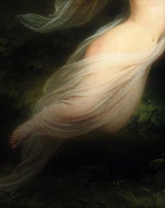 a painting of a woman with long hair and flowing white dress in the woods,