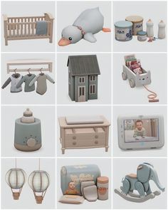 there are many different toys that can be found in this set, including a baby's crib