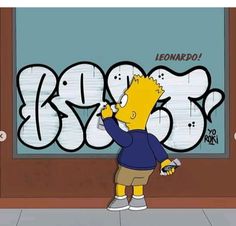 the simpsons character is writing on a wall with spray paint in front of his face